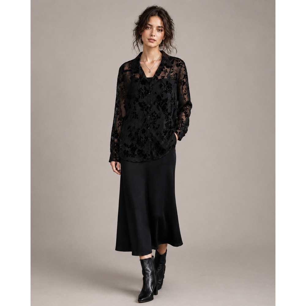 Y2K Burnout Velvet Sheer Whimsigoth Button Front Top Womens Large Black Witchy